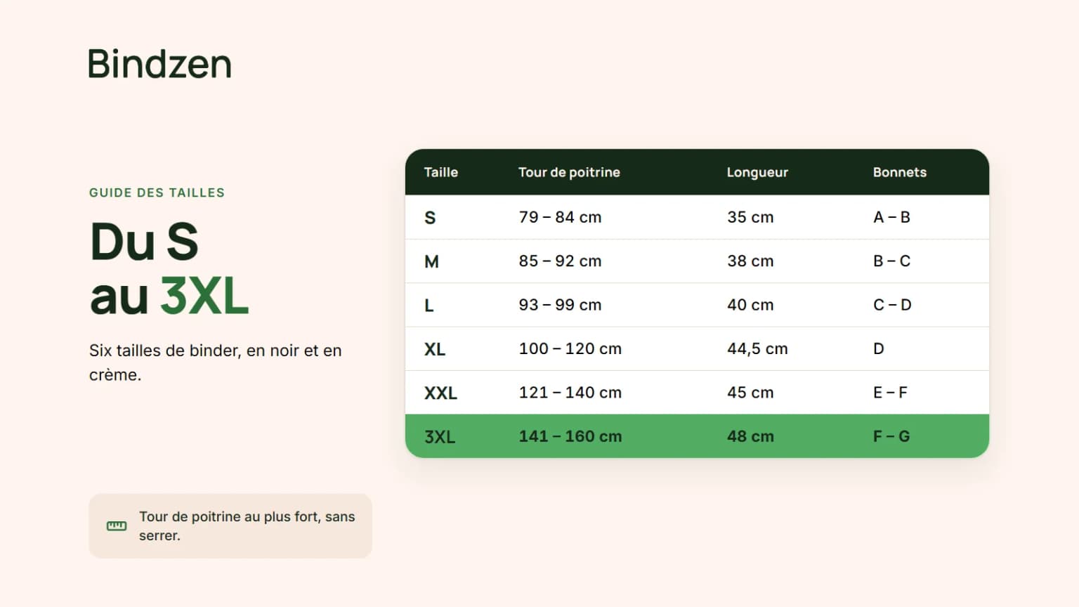 Guide des tailles des binders Bindzen, du S au 3XL : tour de poitrine, longueur et bonnets